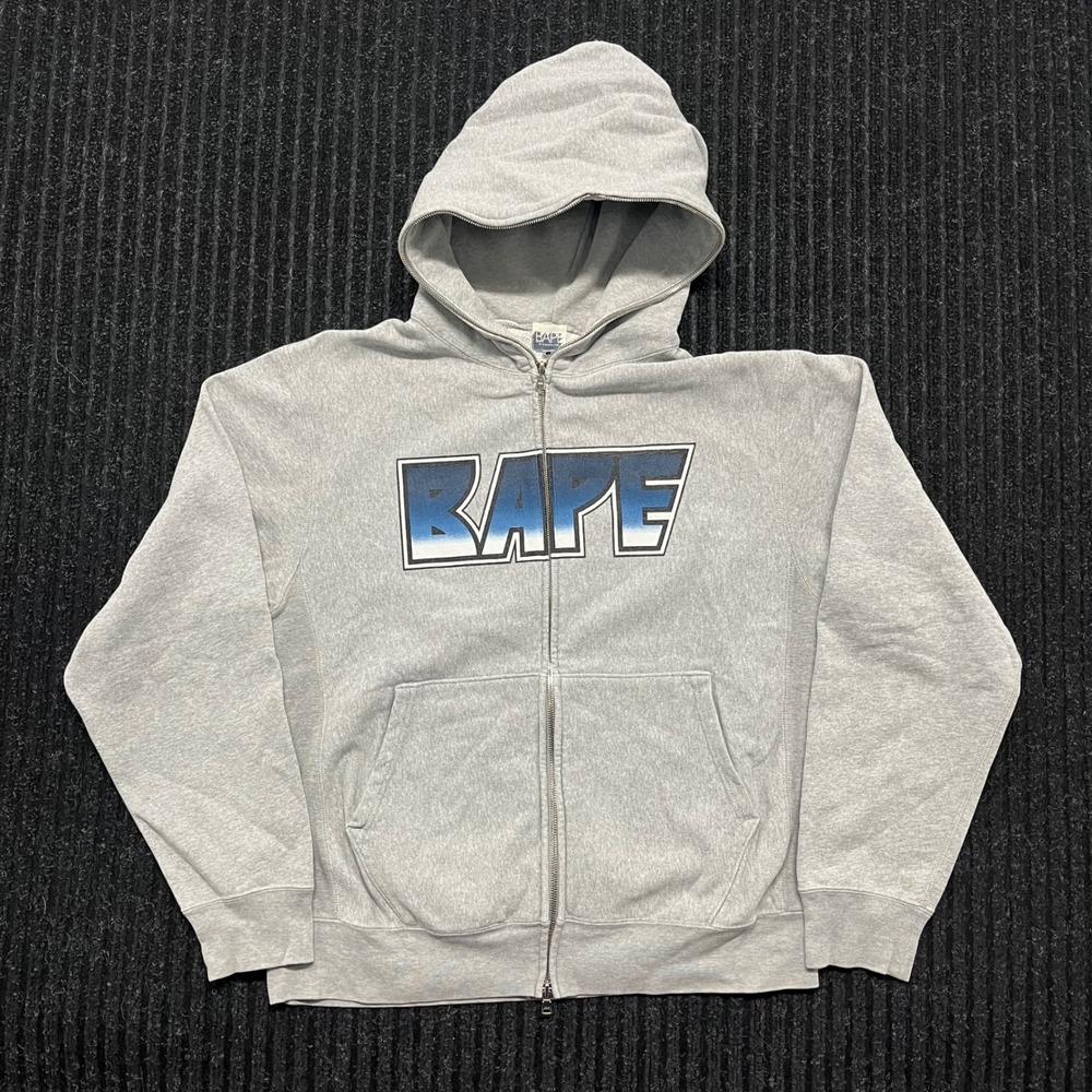 BAPE A Bathing Ape Gray Full Zip Hoodie Blue Gradient Logo Mens Medium